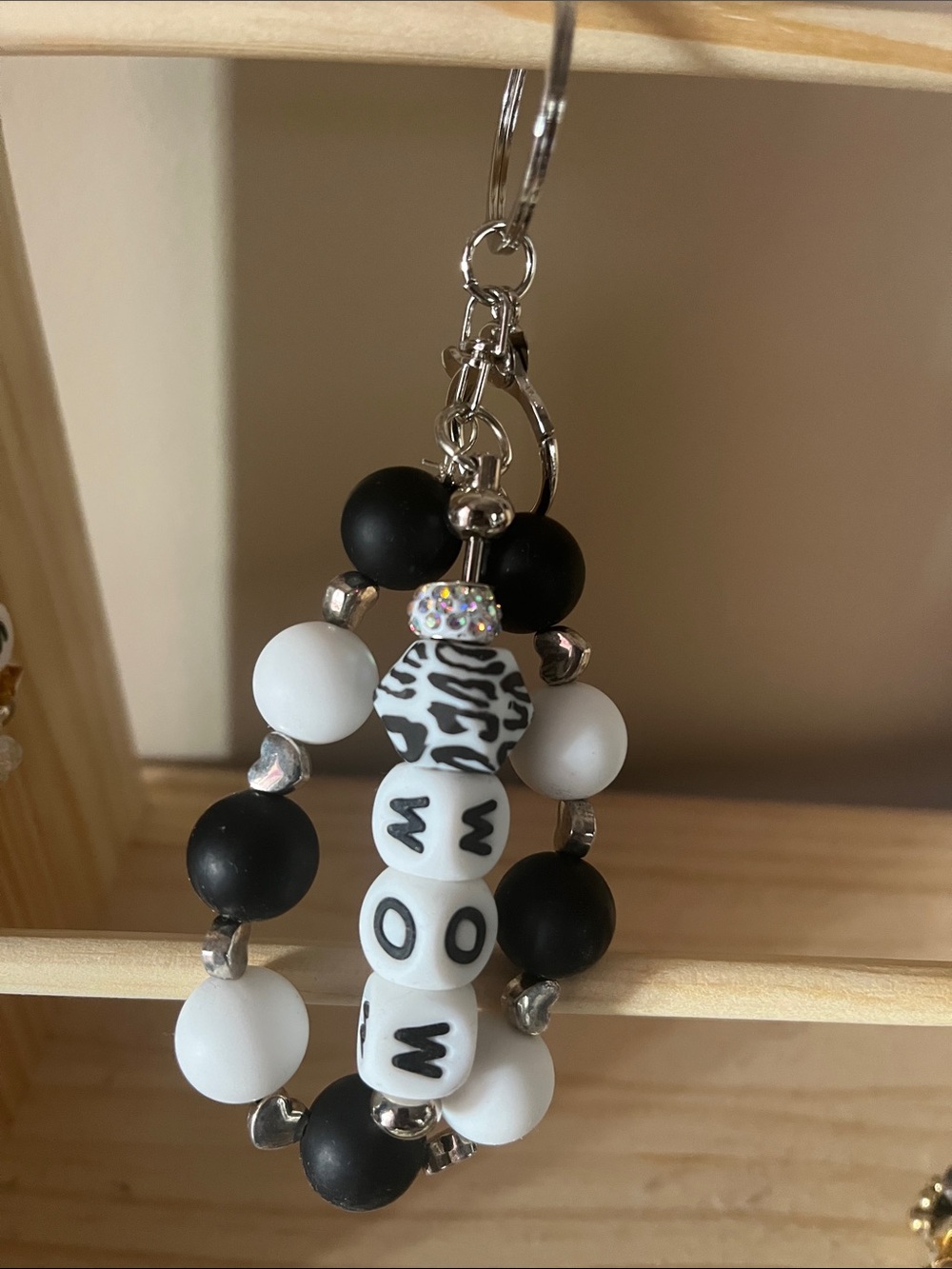 Black & White 'MOM' Beaded Keychain Charm for Kids